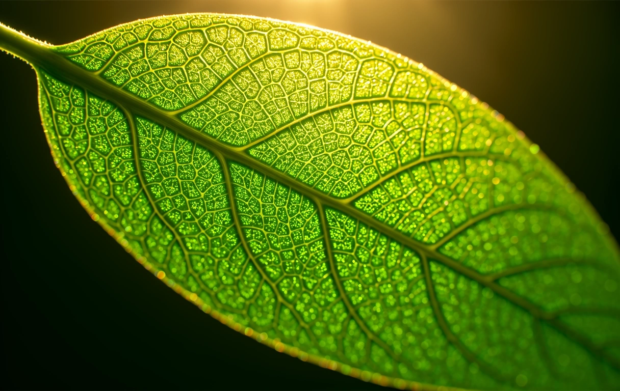 Botanische Detailaufnahme einer Blattstruktur im Sonnenlicht